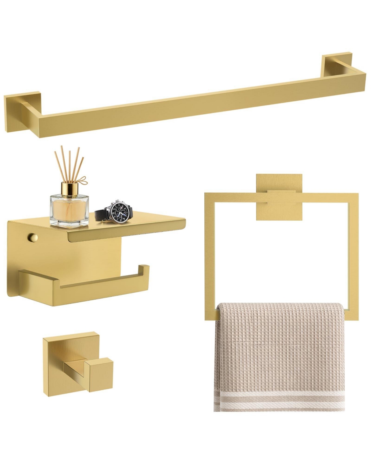 Cyqbd 4 Piece 24" Bathroom Hardware Set Towel Bar Ring Hook Toilet Paper Holder Wall Mounted - Brushed gold