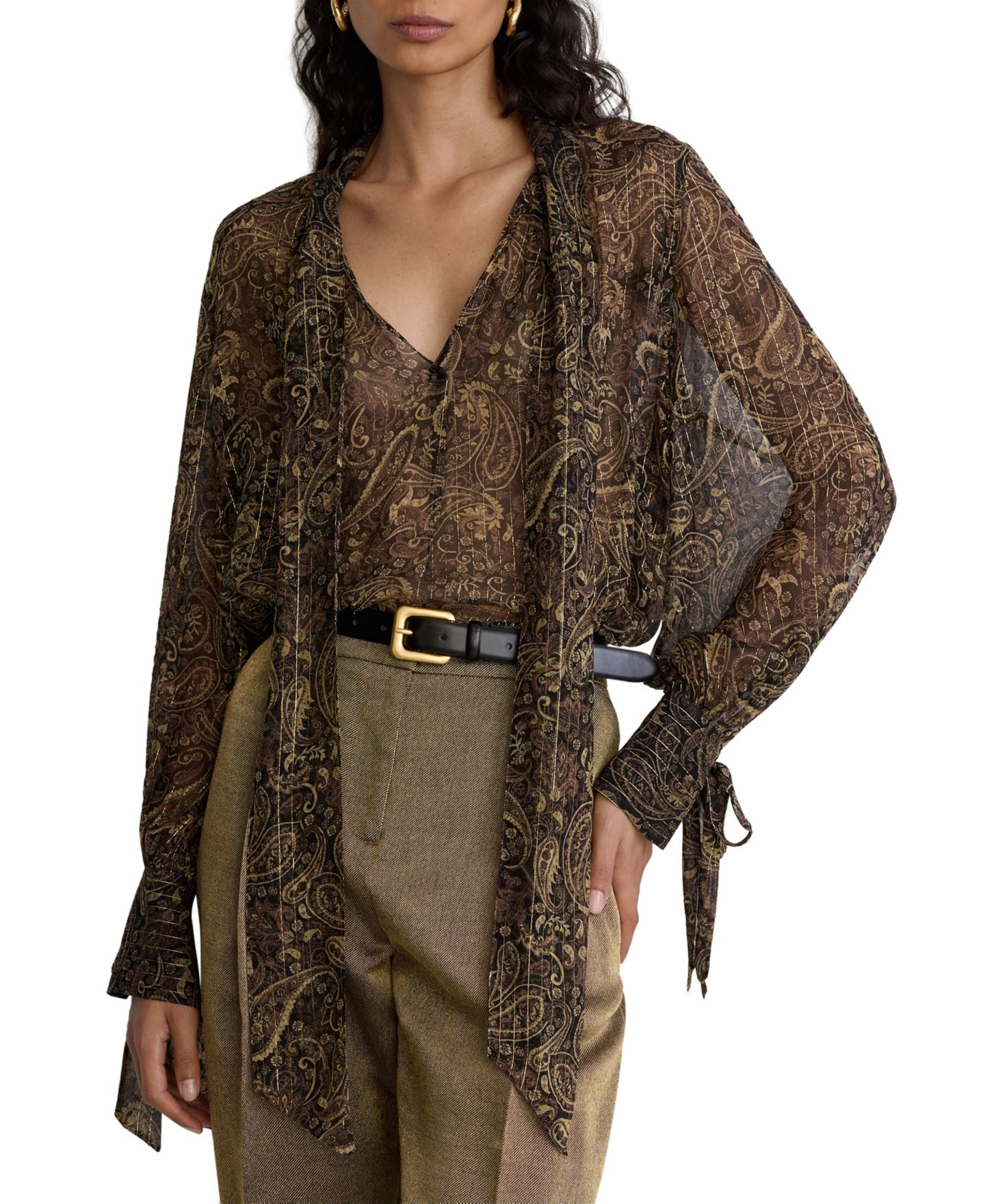 Женская блузка REISS Charlotte Long-Sleeve Tie-Neck Paisley-Print, цвет: Blackgold — фото 1
