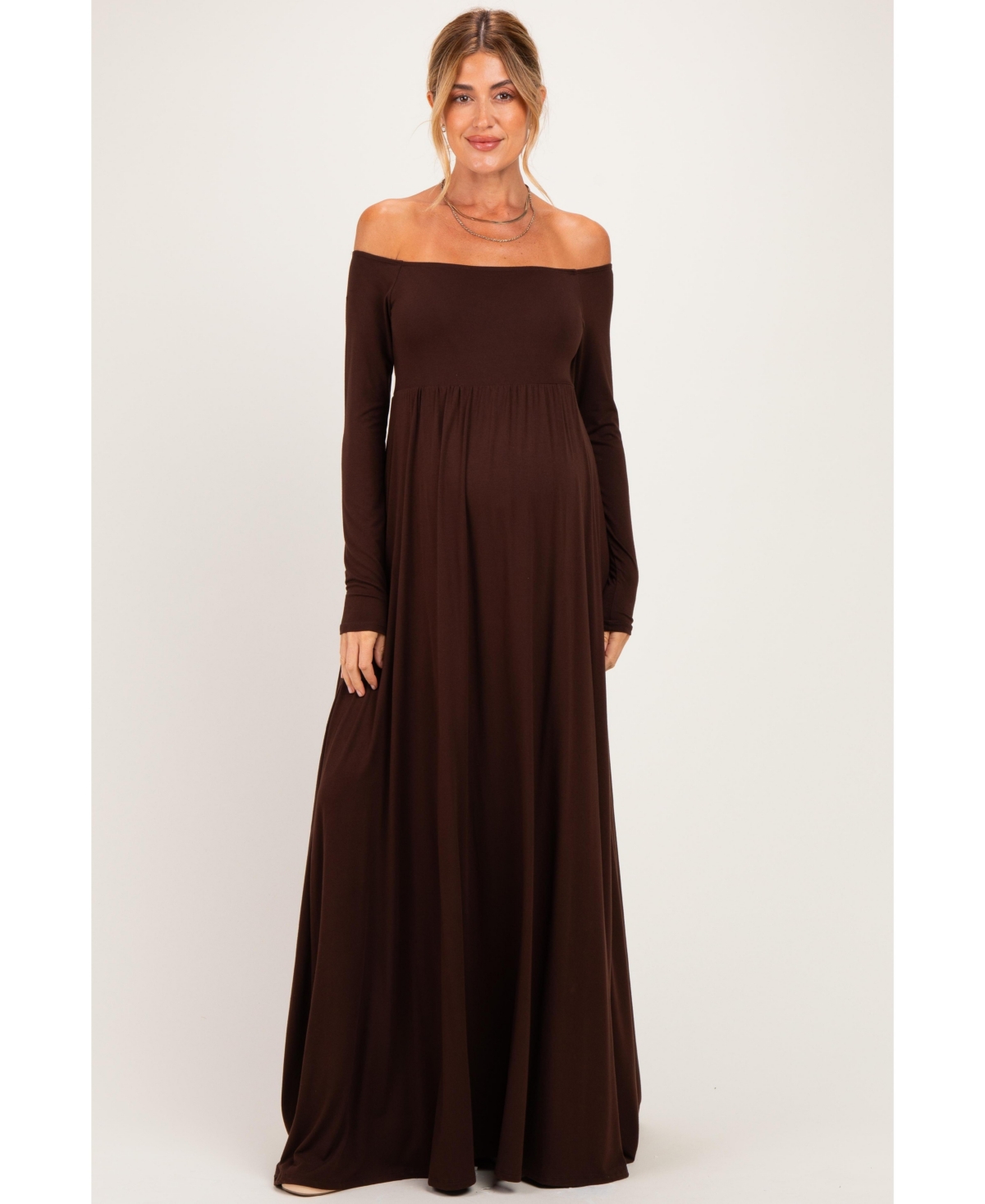 PinkBlush Brown Off Shoulder Maternity Maxi Dress - Small