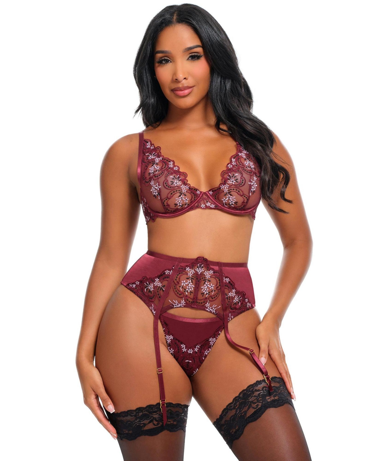 Oh La Cheri Women's Eloise Embroidered 3-Piece Bra Set