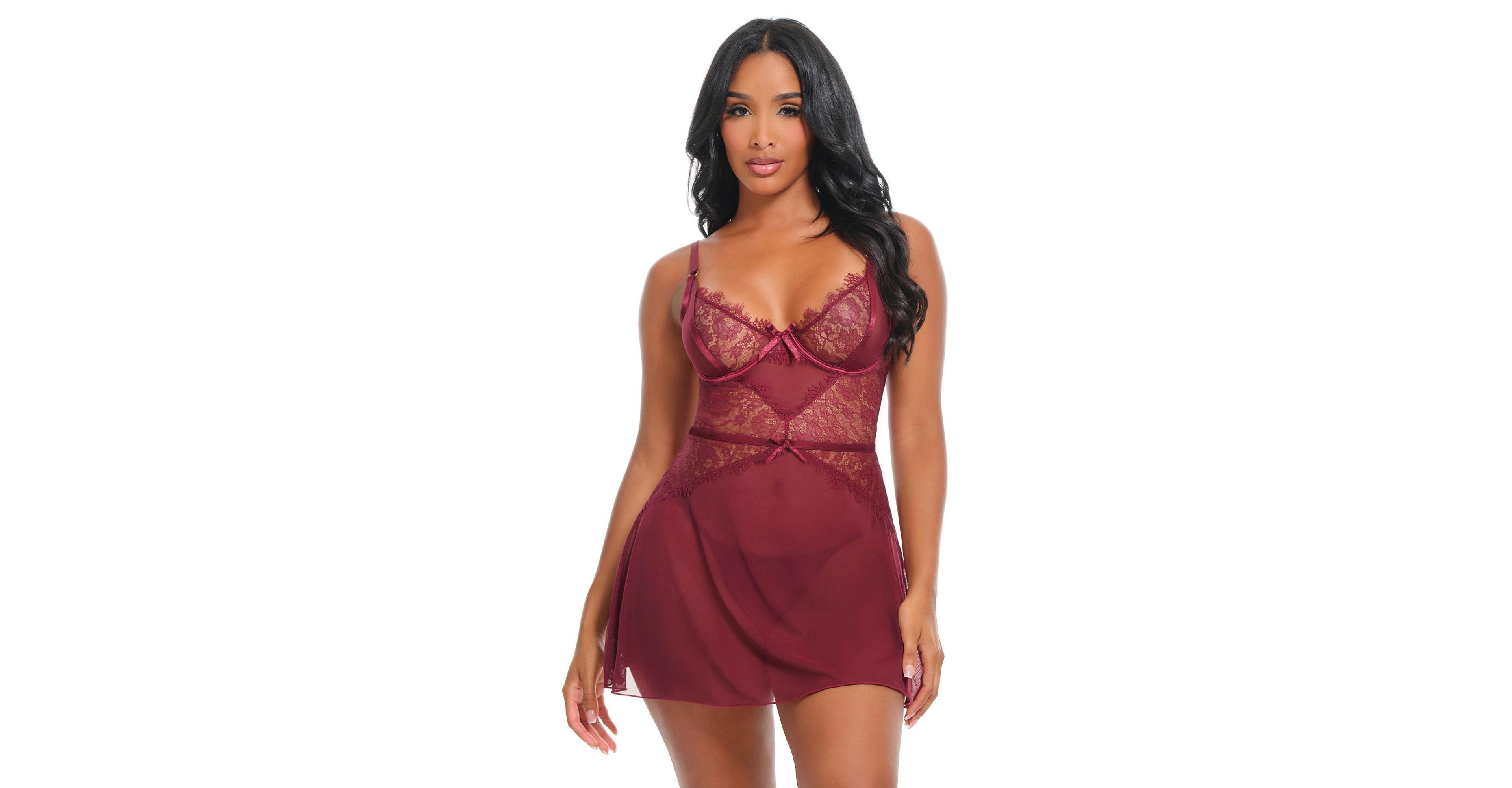 Oh La Cheri Women's Margot Sheer Lace Babydoll Set