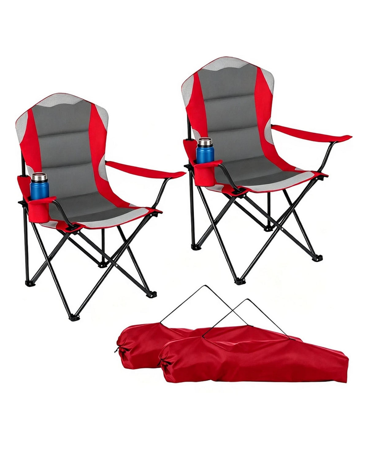 Sevorley 2 Pack Heavy Duty Folding Camping Chairs 330 Lbs Capacity, 600D Oxford Padded Portable Outdoor Lawn Chairs with Cup Holder and Carry - Red +
