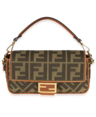 Green Tan FF Embroidery Canvas Medium Baguette Bag