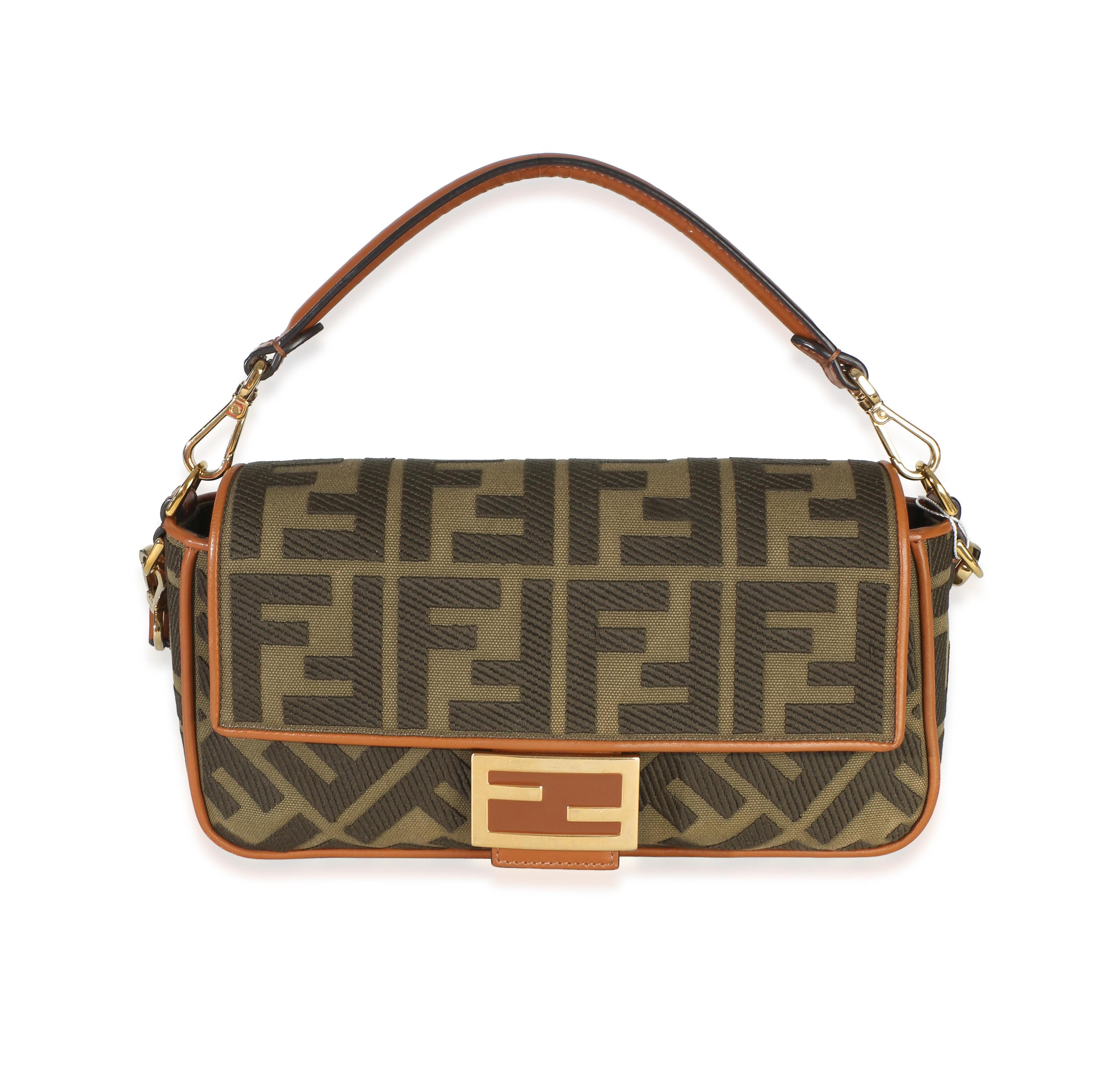 Pre-Owned Fendi Green Tan Ff Embroidery Canvas Medium Baguette Bag