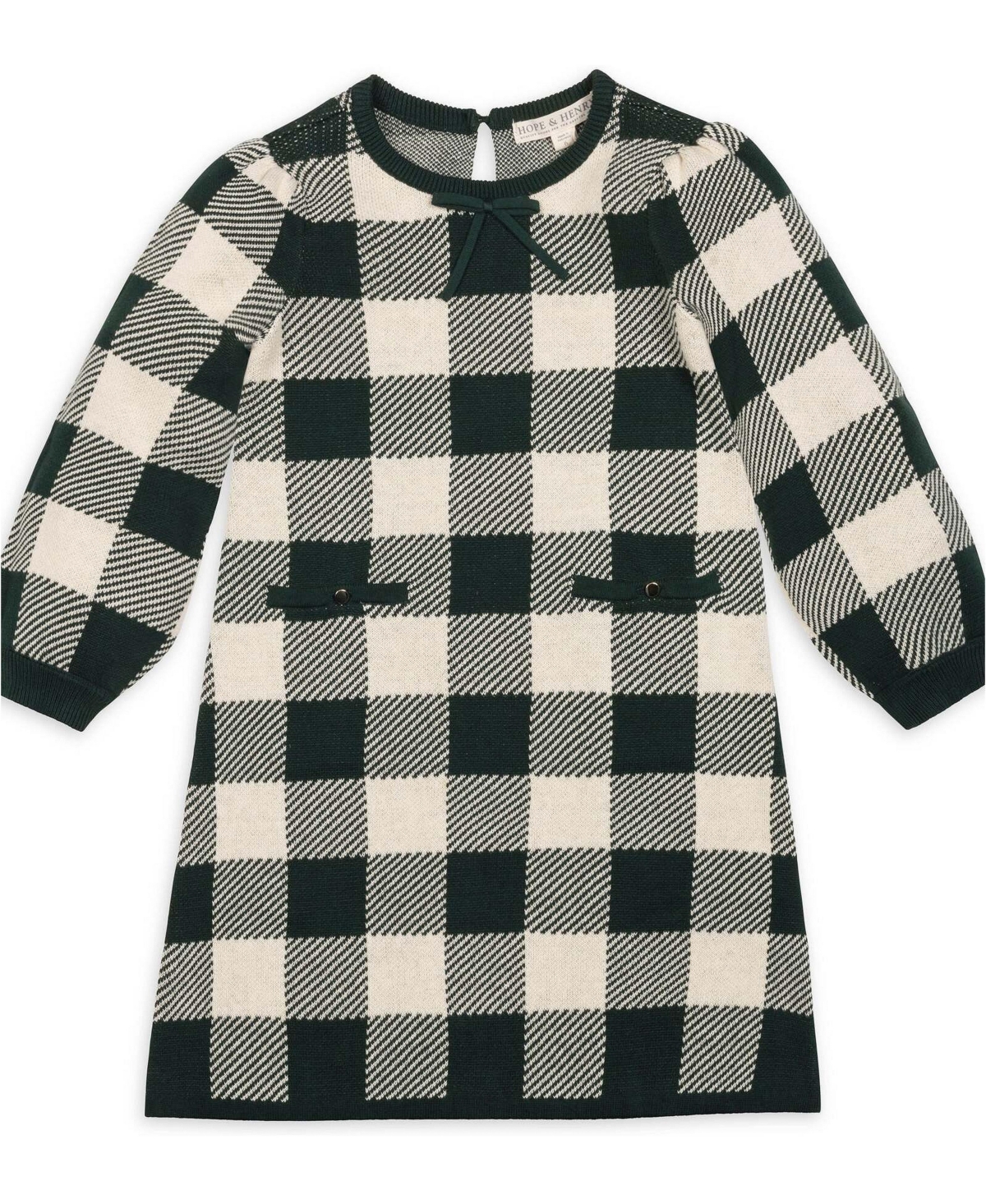 Hope & Henry Little and Big Girls' Organic Puff Sleeve Bow Detail Intarsia Sweater Dress