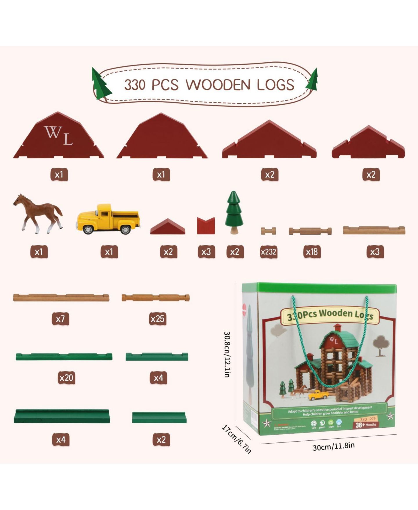 Детский конструктор GNUADZ Log Cabin 330-Piece Building Set, Ages 3+, цвет: Villas — фото 4