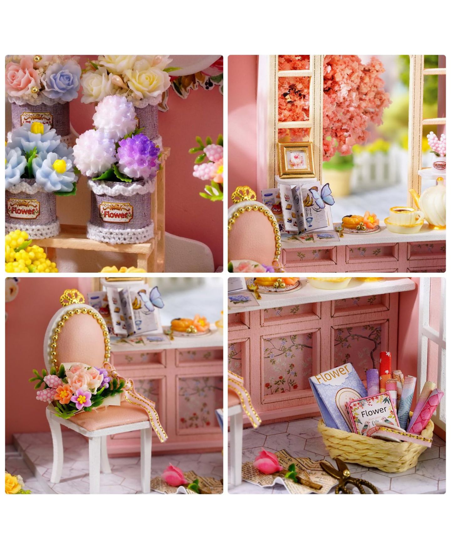 Детские аксессуары для кукол GNUADZ Diy Miniature Dollhouse Kit with LED Lights, 9.3" L x 6.9" W x 7.4" H, Ages 14+, цвет: Розовый — фото 4