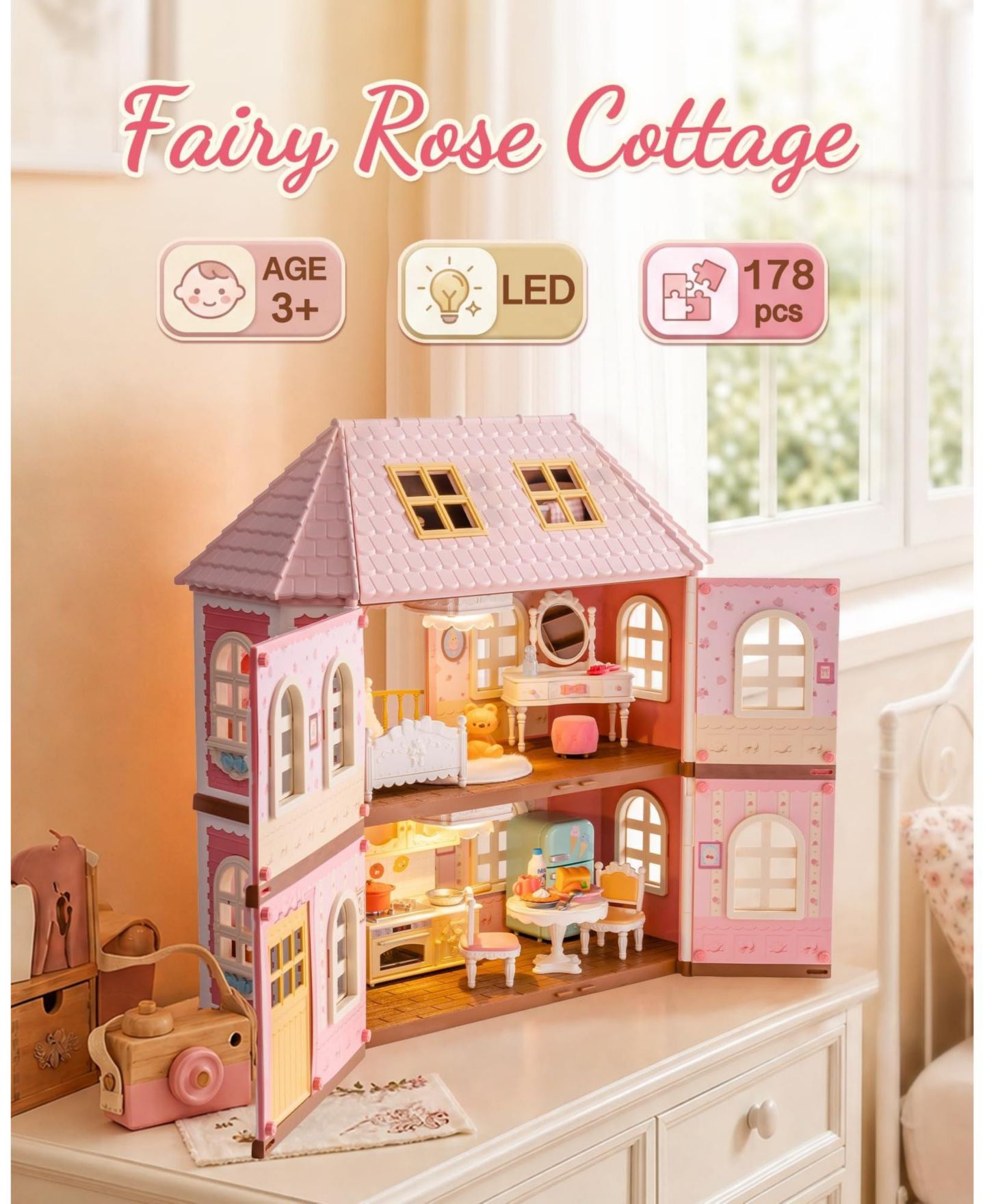 Детские аксессуары для кукол GNUADZ Diy 3-Story Dollhouse with LED Lighting, 14 Furniture Accessories, Ages 3+, цвет: Розовый — фото 2