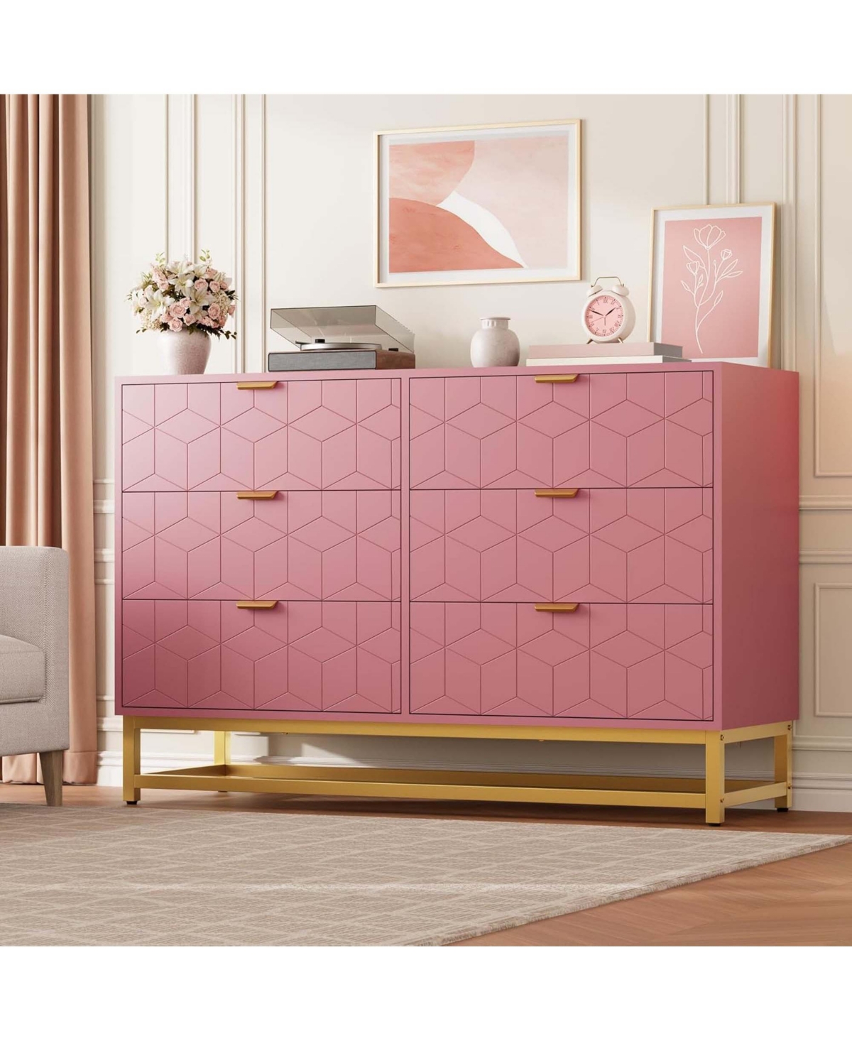 homfan 6-Drawer Dresser, Wooden Chest with Gold Handles, Large Storage Organizer for Bedroom Entryway Living Room