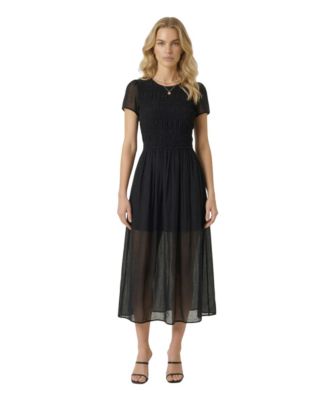 Women's Sheer Overlay Smocked Bodice Midi Dress