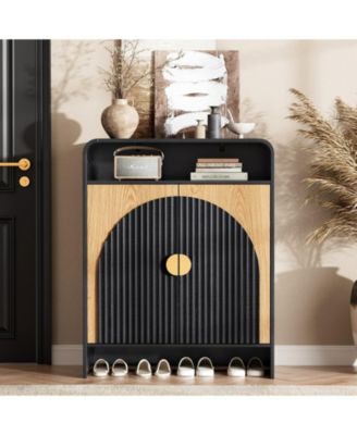 Modern Shoe Storage Cabinet with Fluted Doors Wood Shoe Organizer with Open Shelves Golden Handles