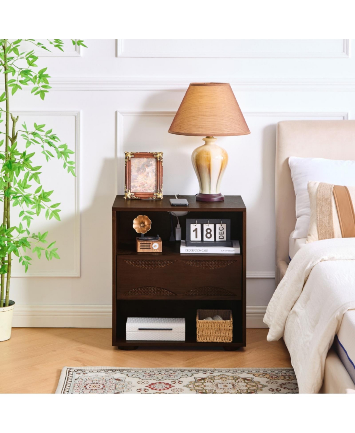 Rainsken Mid Century Modern Nightstand with Charging Station, Drawer and Open Storage,End Table for Bedroom Living Room, Home Decor Furniture