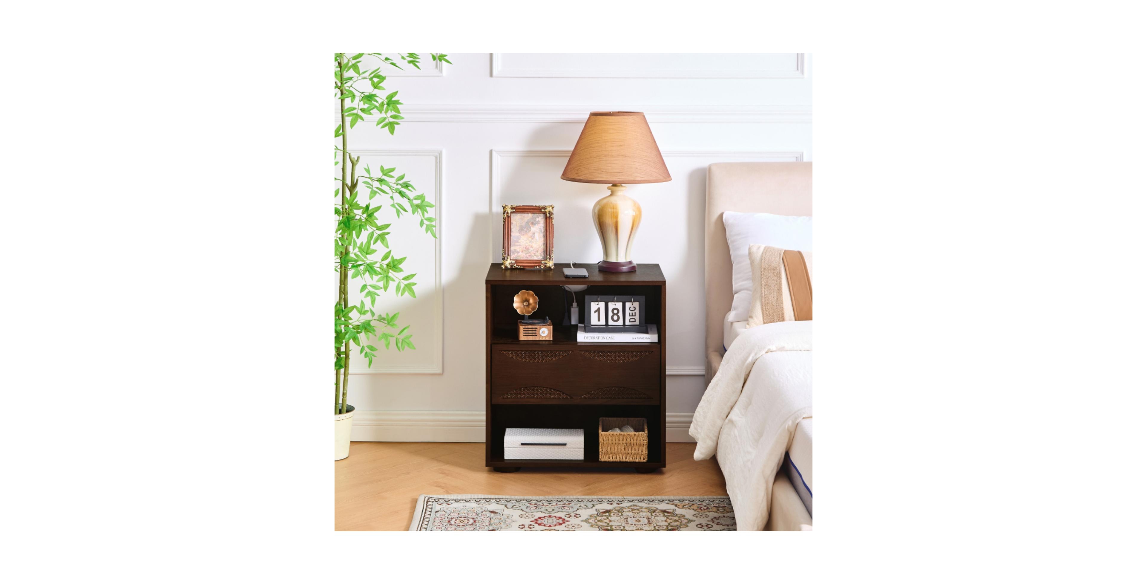 Rainsken Mid Century Modern Nightstand with Charging Station, Drawer and Open Storage,End Table for Bedroom Living Room, Home Decor Furniture