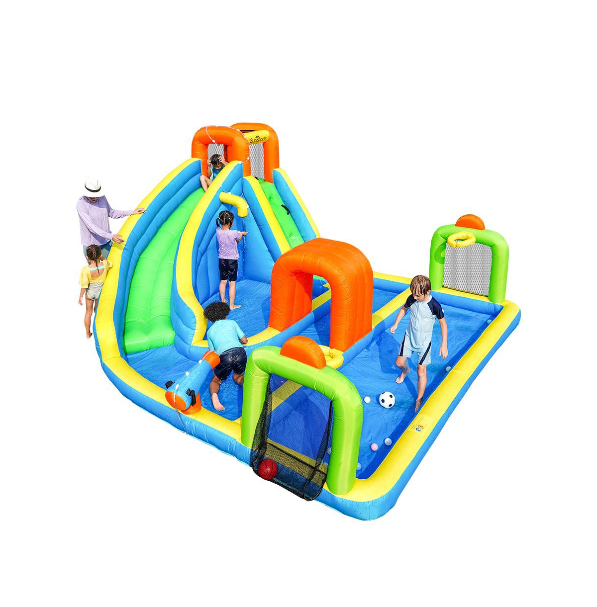 Sevorley SunSports Inflatable Water Slide, Climbing Wall, Splash Pool & Basketball Hoop, Up to 4 People, Ages 3-10
