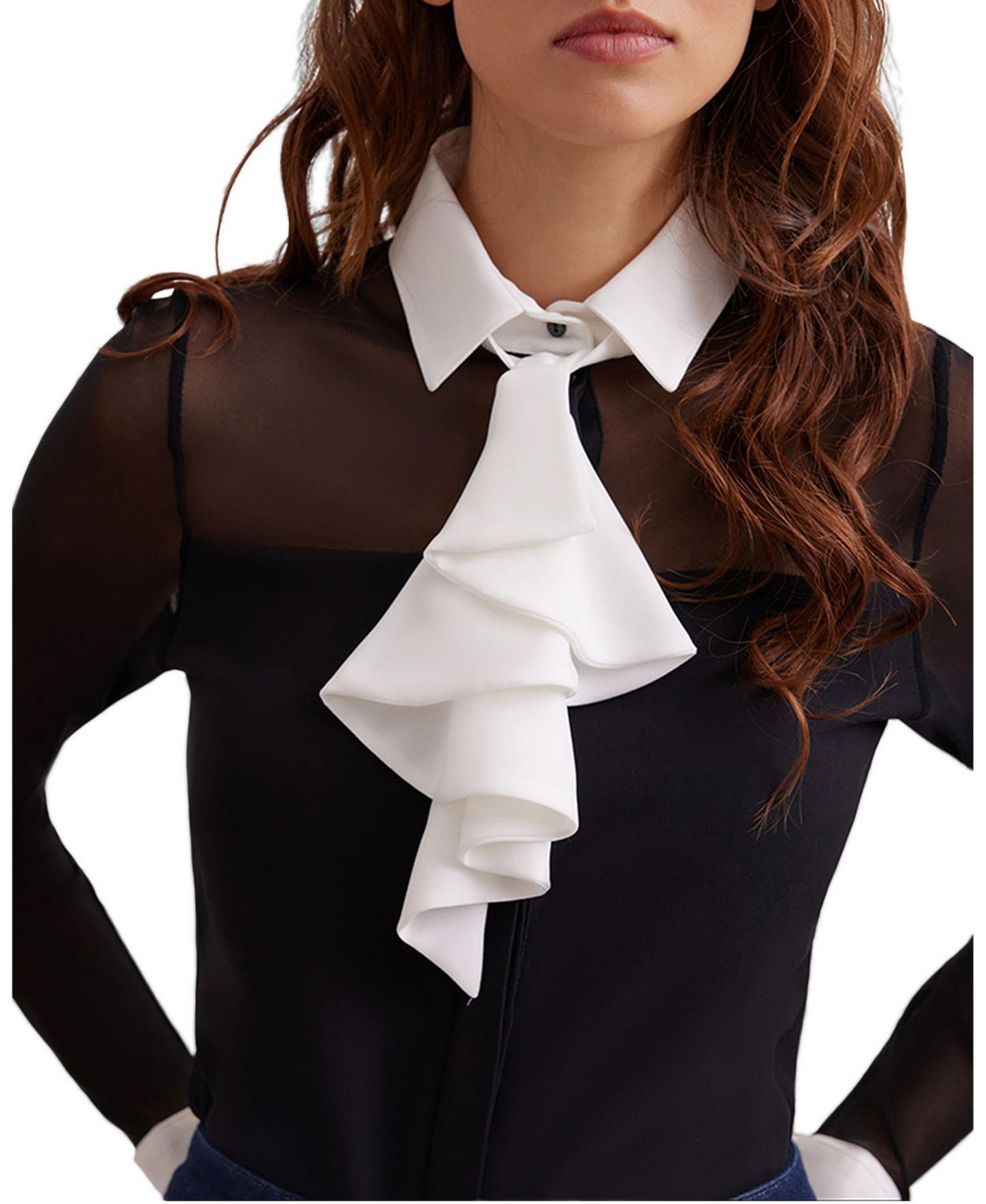 Женская блузка Anne Fontaine Sheryl Point-Collar Long-Sleeve Sheer, цвет: Чёрный — фото 3