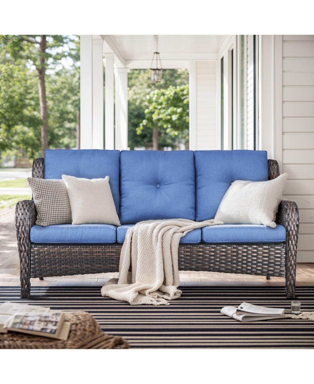Bellefurn 3-Seat Outdoor Sofa, Durable All-Weather Pe Wicker with Olefin Cushions - Brown wicker / blue cushion