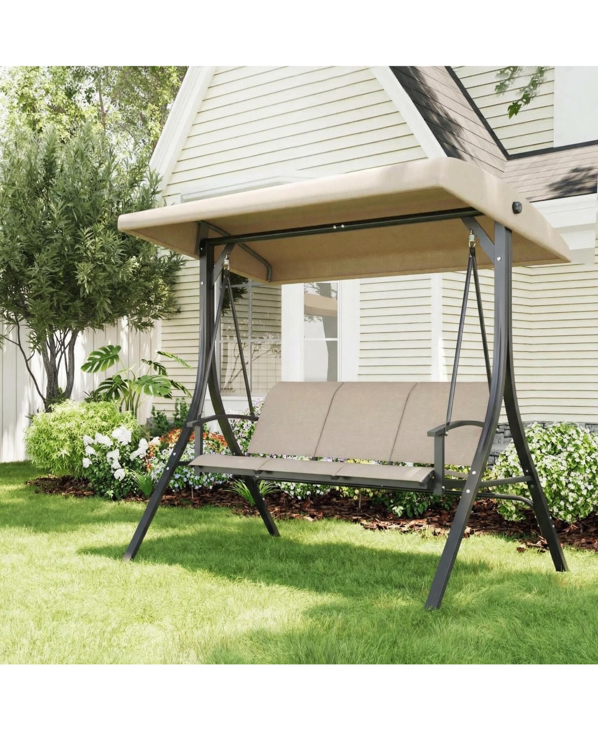 homfan 60 Inch 3-Seat Metal Outdoor Porch Swing with Adjustable Canopy and Cushioned Seat