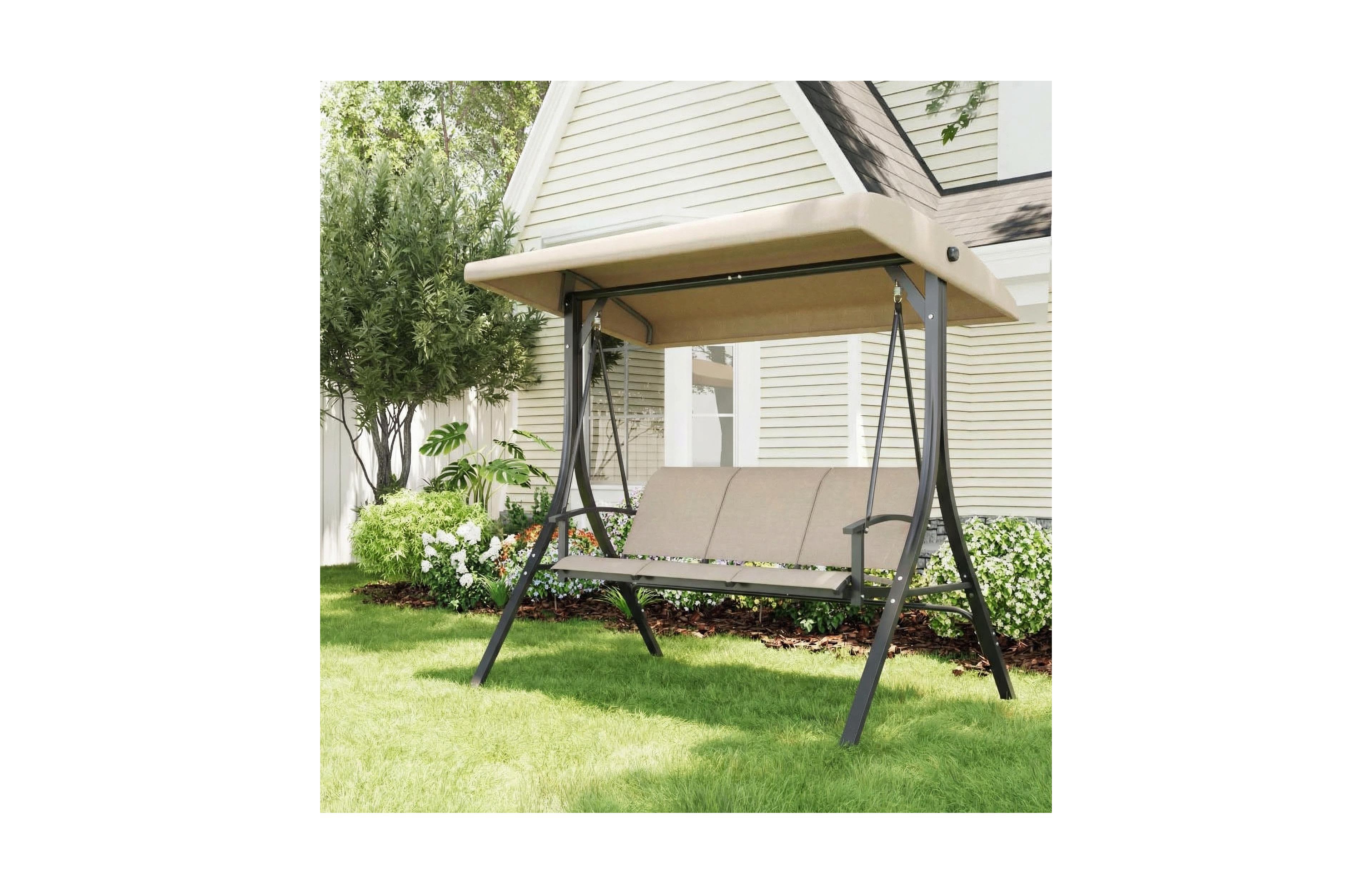 homfan 60 Inch 3-Seat Metal Outdoor Porch Swing with Adjustable Canopy and Cushioned Seat