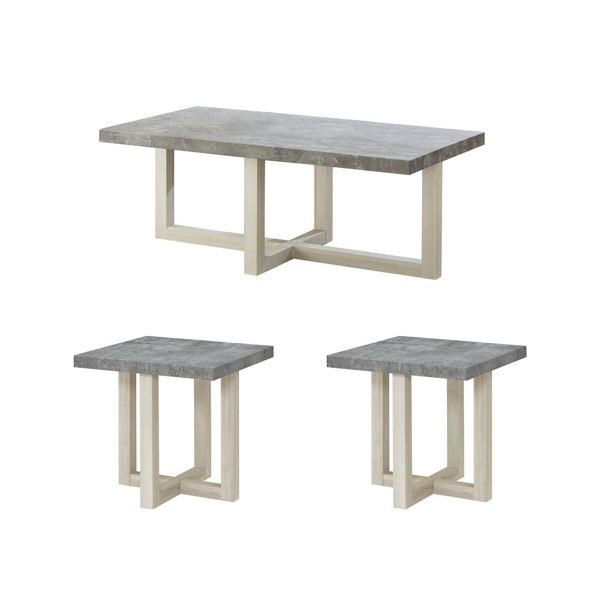 Roundhill Furniture 3-Piece Coffee Table Set, Coffee Table, Two End Tables - Faux concrete and white