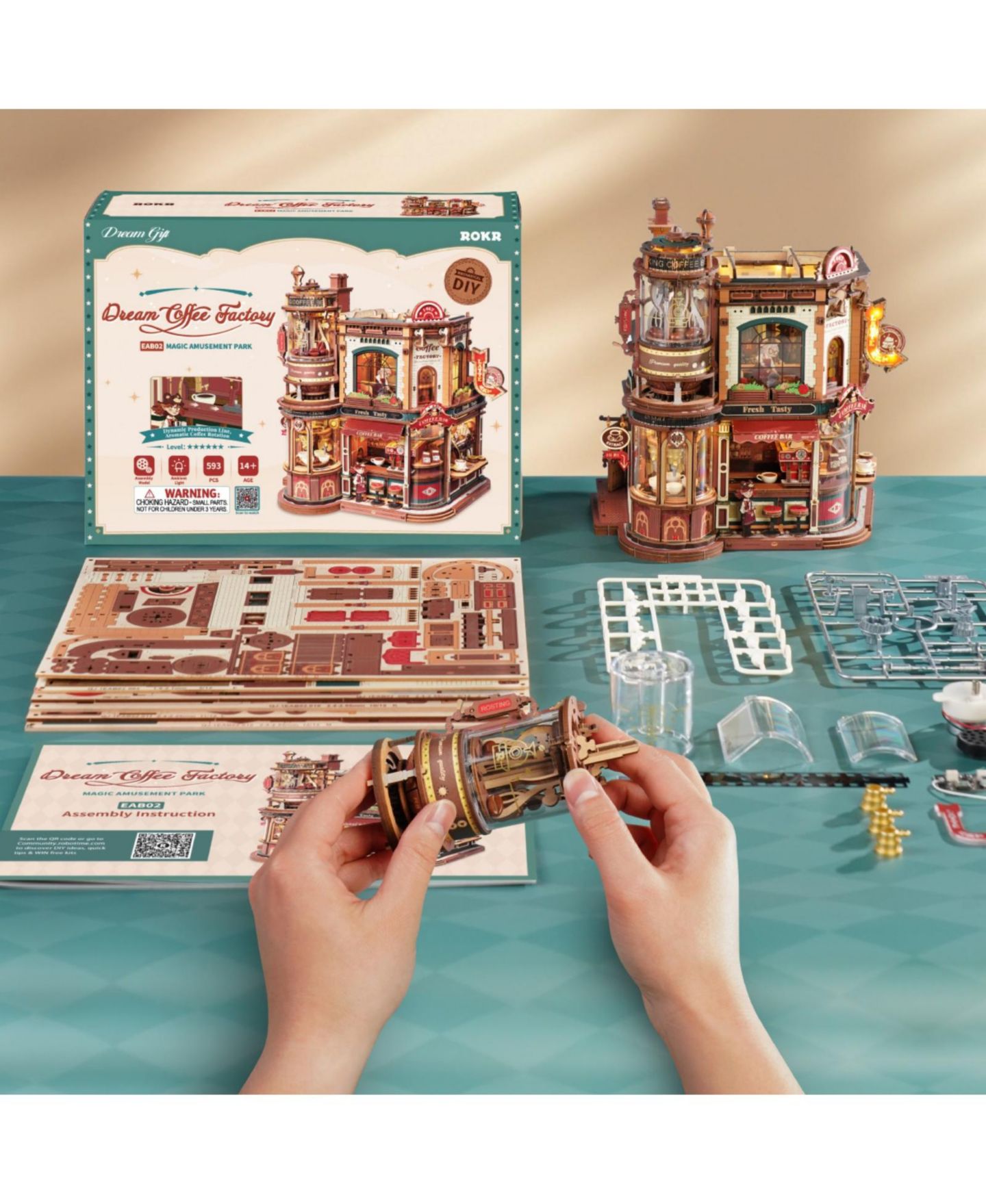 Детский конструктор Robotime Dream Coffee Factory 593-Piece Mechanical Building Set with Music Box and LED Lights, Ages 14+ — фото 7