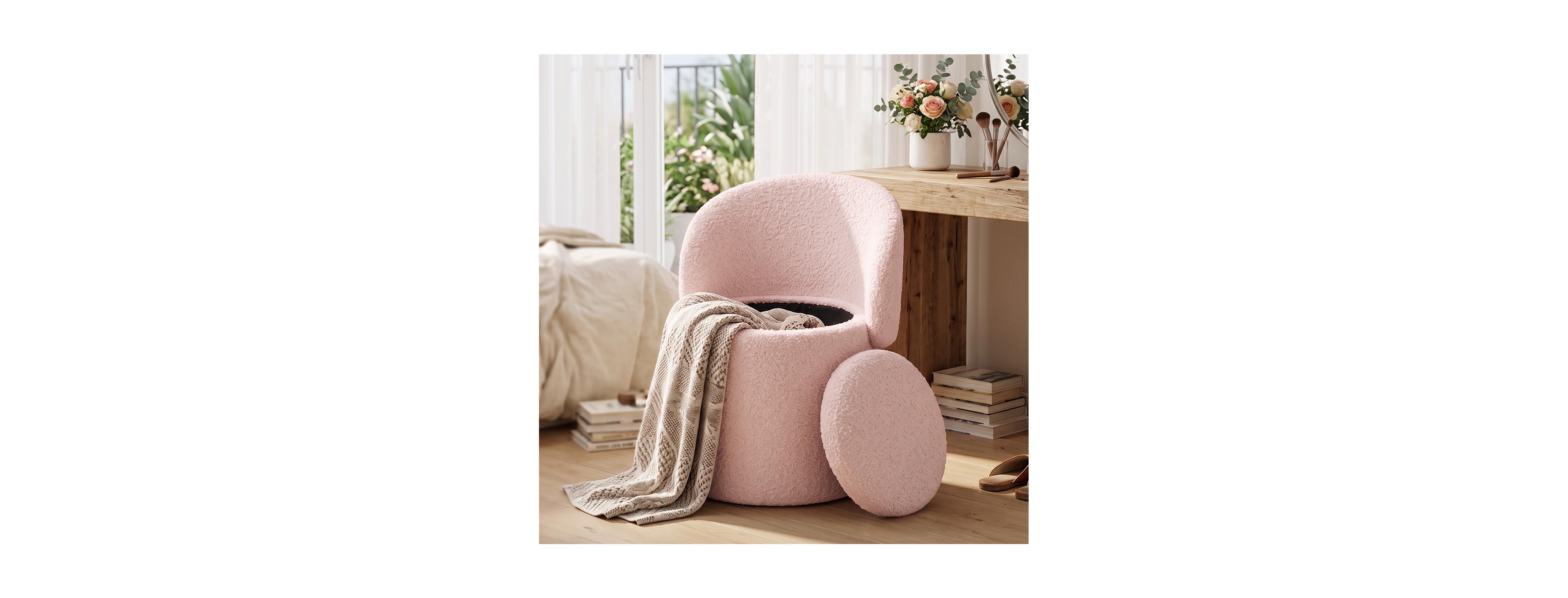 Maison Boucle Vanity Stool with Storage, Upholstered Makeup Stool, Foldable Backrest