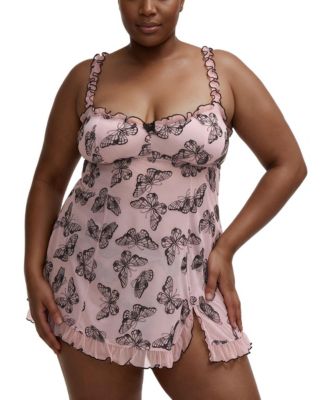 Plus Size Wireless Flocked Mesh Babydoll Dress