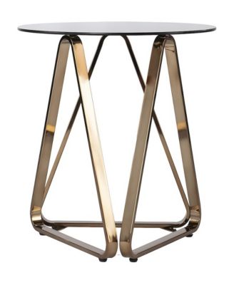 Metal Round Accent Table with Smoked Glass Top and Geometric Sled Base