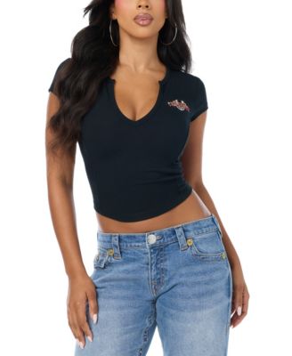 Women's Graphic Notch-Neck Cropped T-Shirt