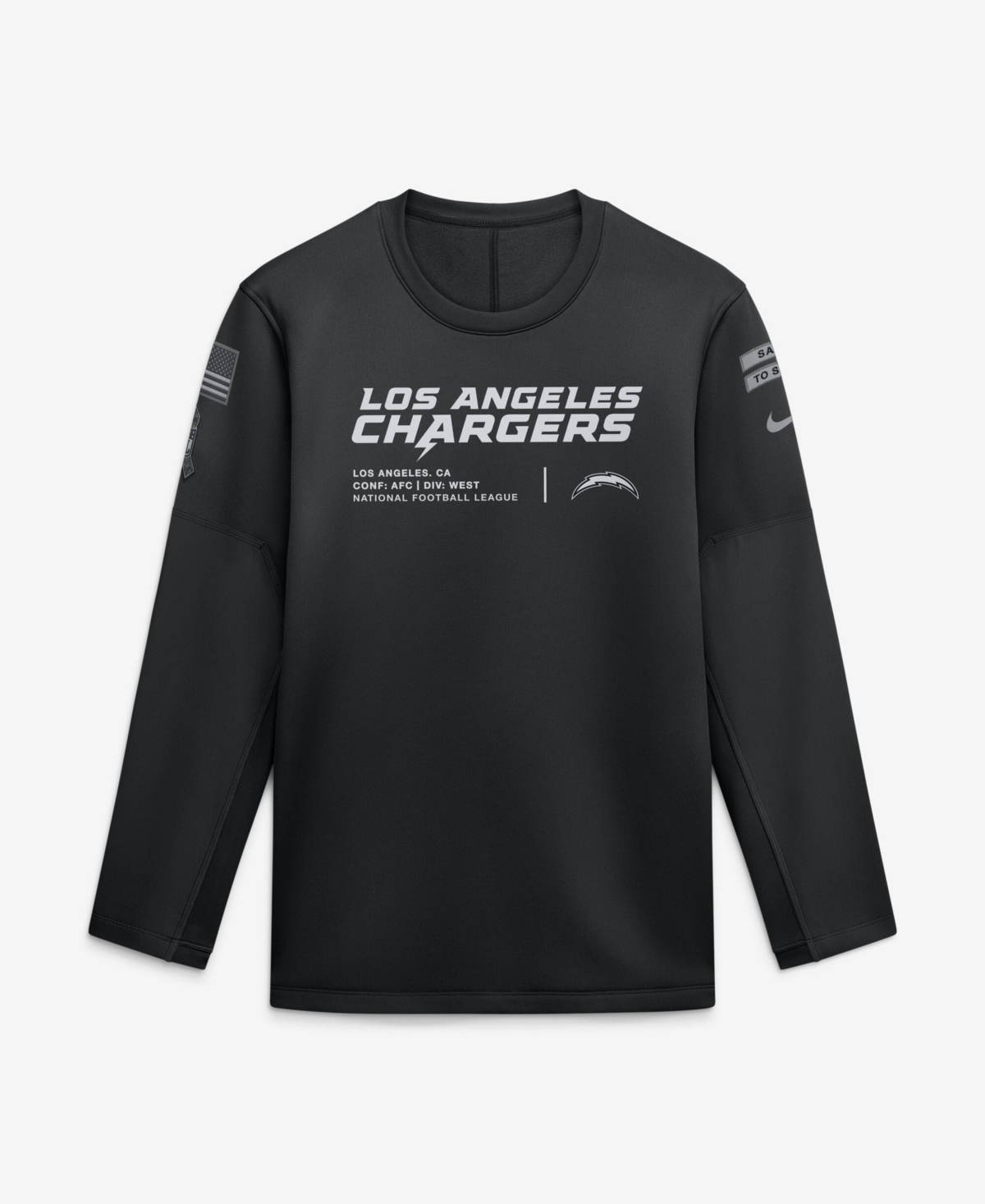 Nike Men's Black Los Angeles Chargers 2026 Salute to Service Sideline Coaches Crewneck Therma-fit Sweatshirt