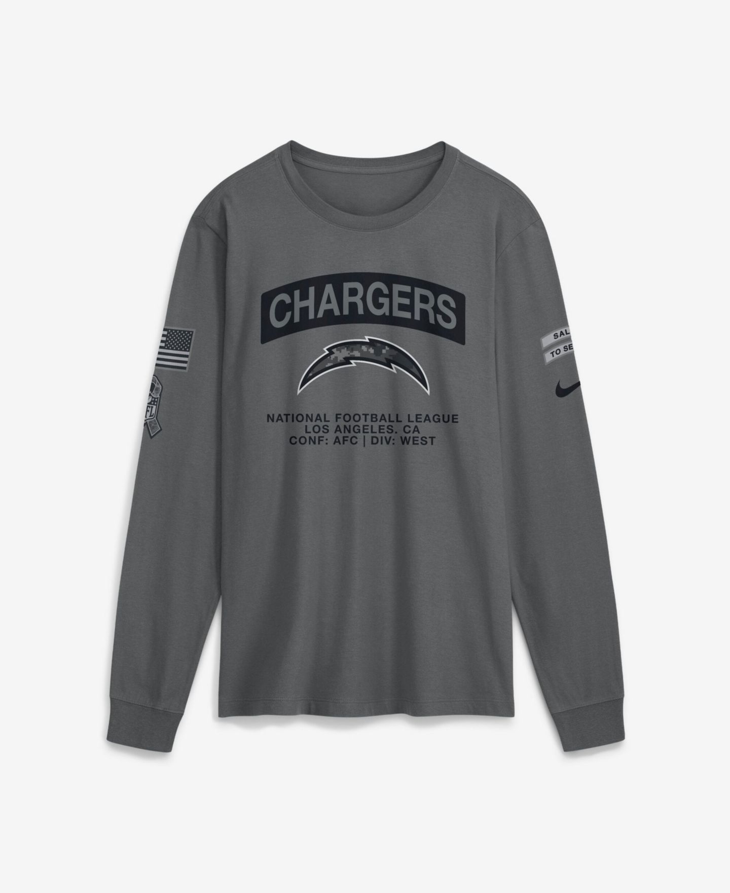 Мужская футболка Nike Gray Los Angeles Chargers 2026 Salute to Service Long Sleeve — фото 1