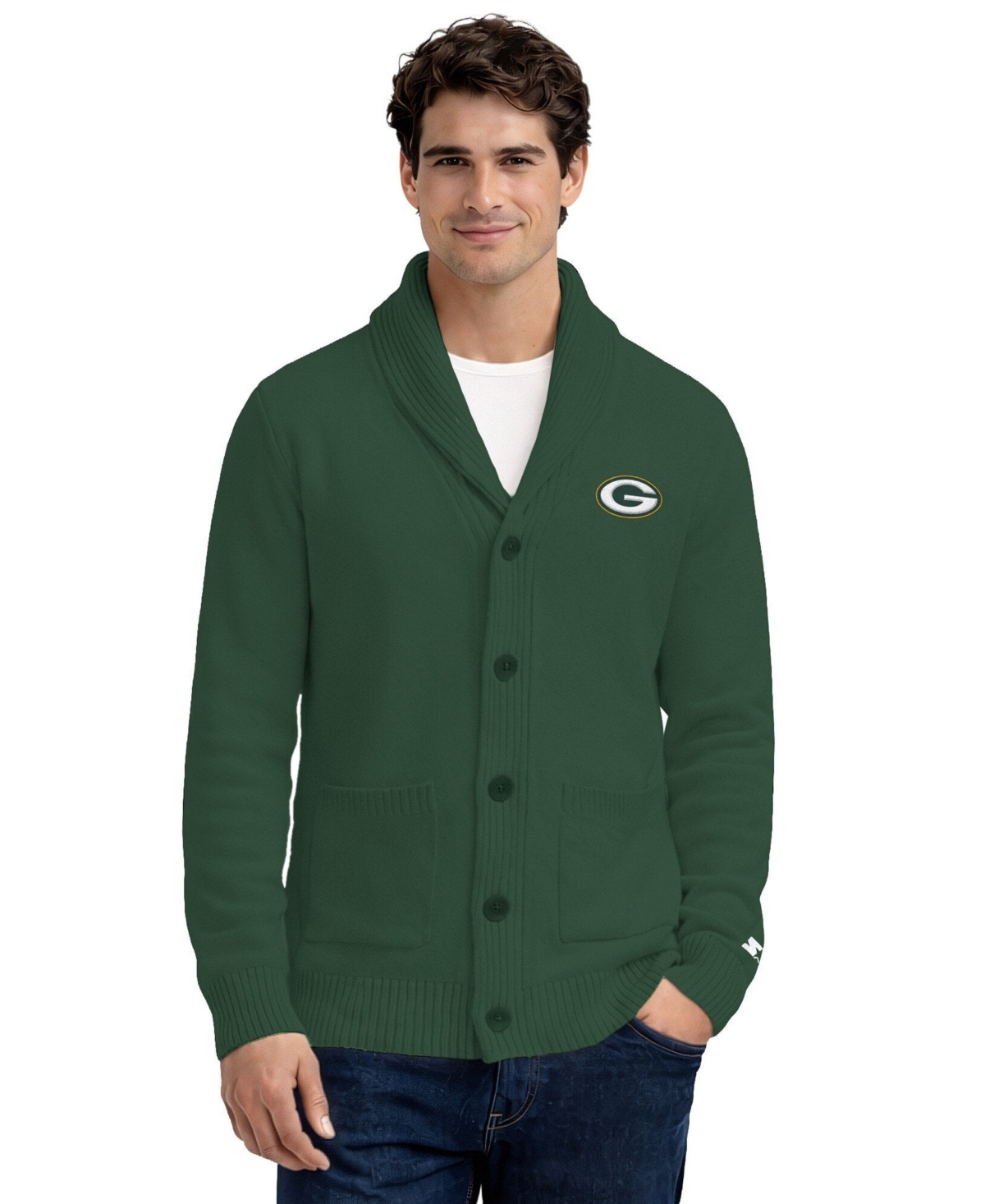 Starter Men's Green Bay Packers Shawl Collar Heavy Knit Cardigan Sweater