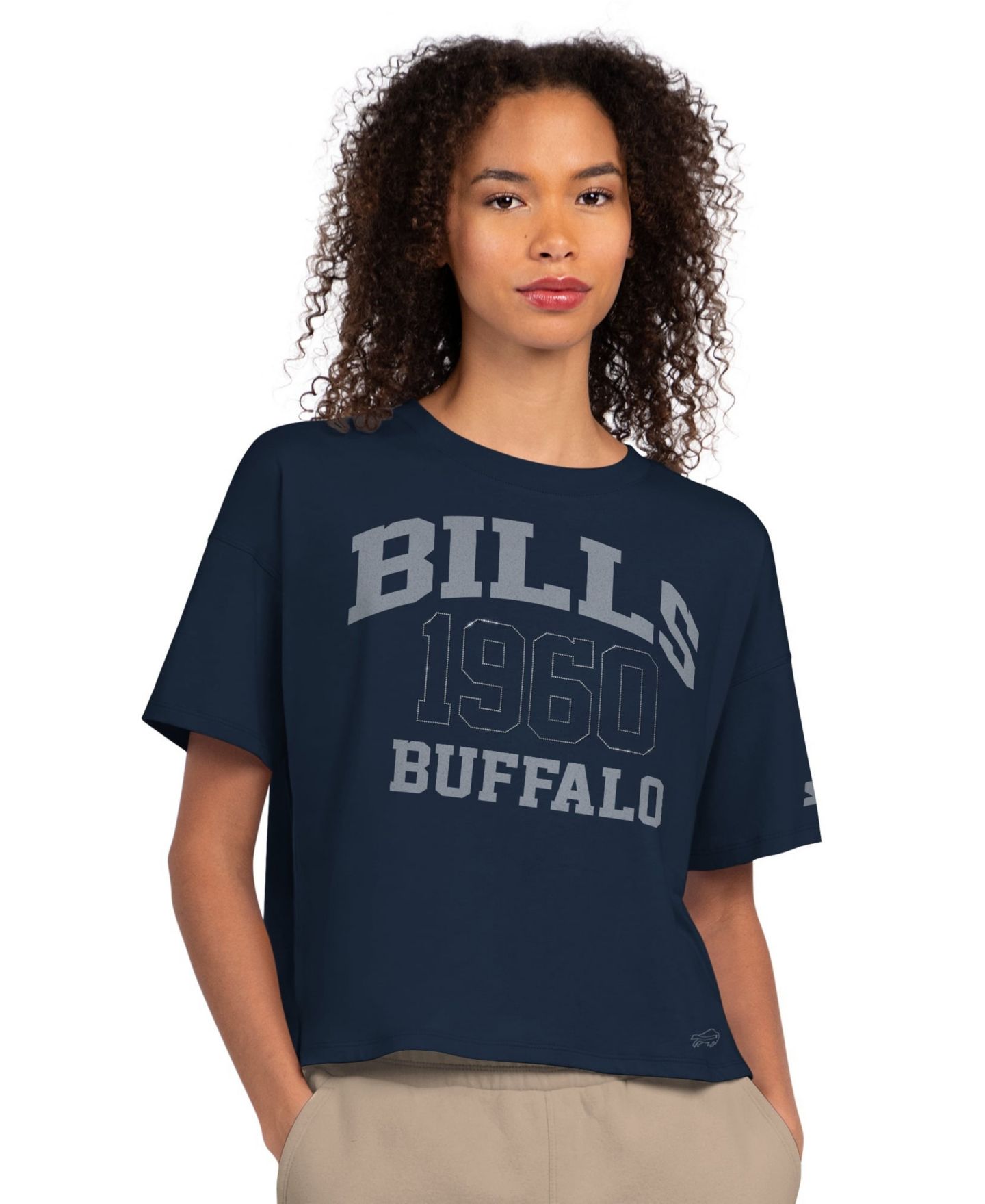 Женская футболка Starter Navy Buffalo Bills Rhinestone Boxy Cropped — фото 1