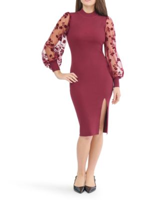 Women's Mock Neck Sheer Floral Midi Dress