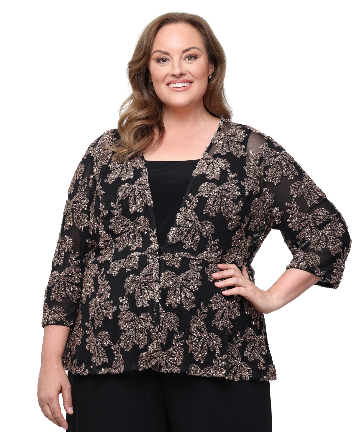 Alex Evenings Plus Size Sequin Floral-Print Scoop Neck Tank and Jacket, 2-Piece Set - Black/Bronze
