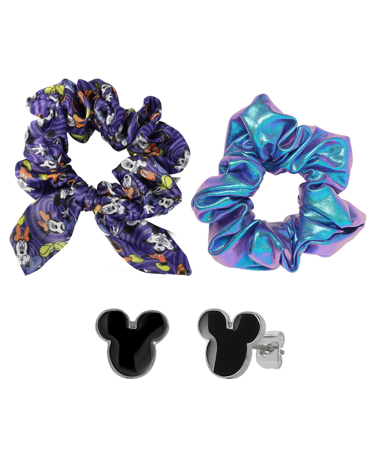 Disney Women's Mickey and Minnie Mouse Stud Earrings and Hair Scrunchies, 3-Piece Set - Purple