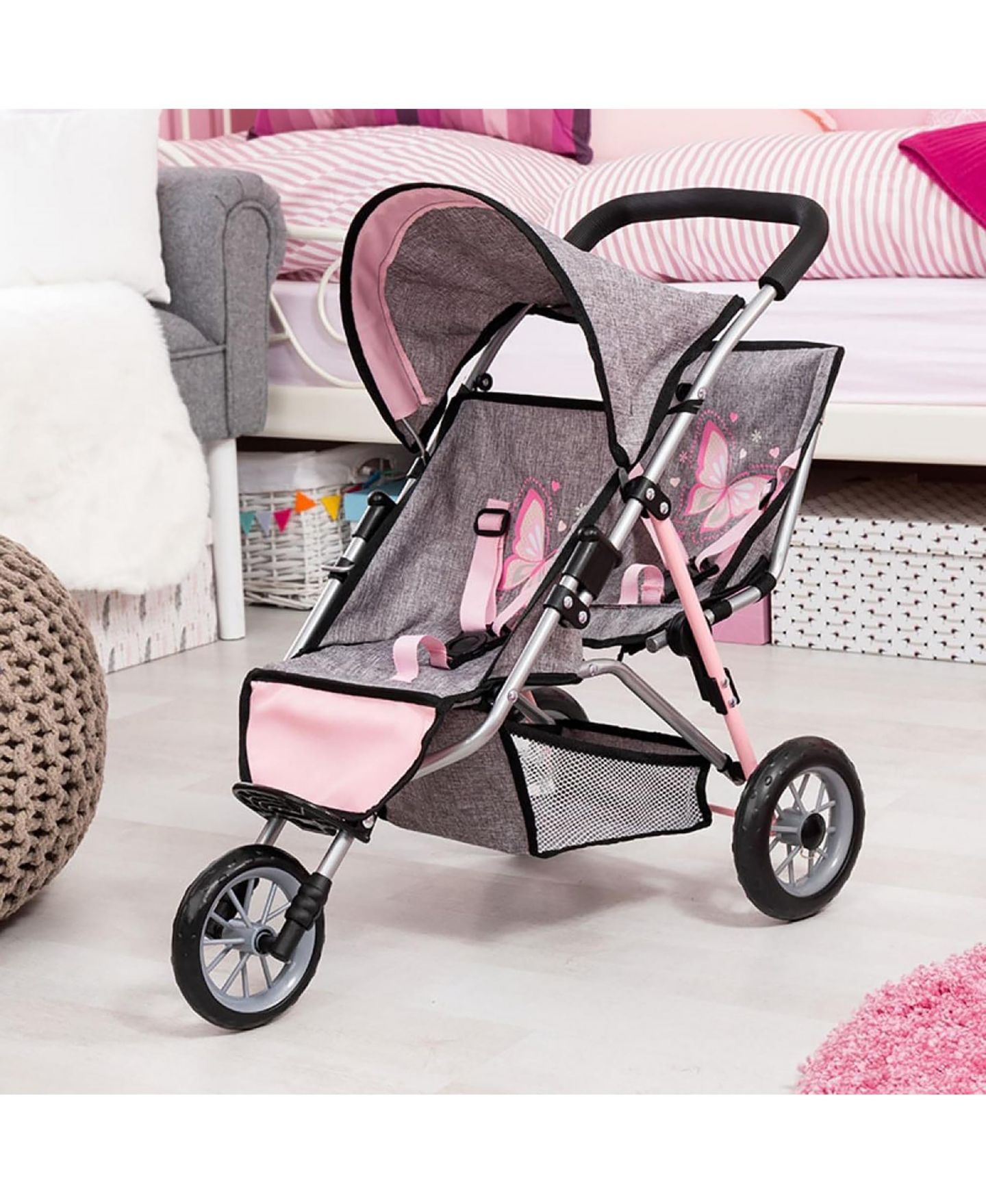 Детские джоггеры Bayer Design Dolls Twin 3 Wheel Jogger, цвет: Серый / Розовый — фото 5