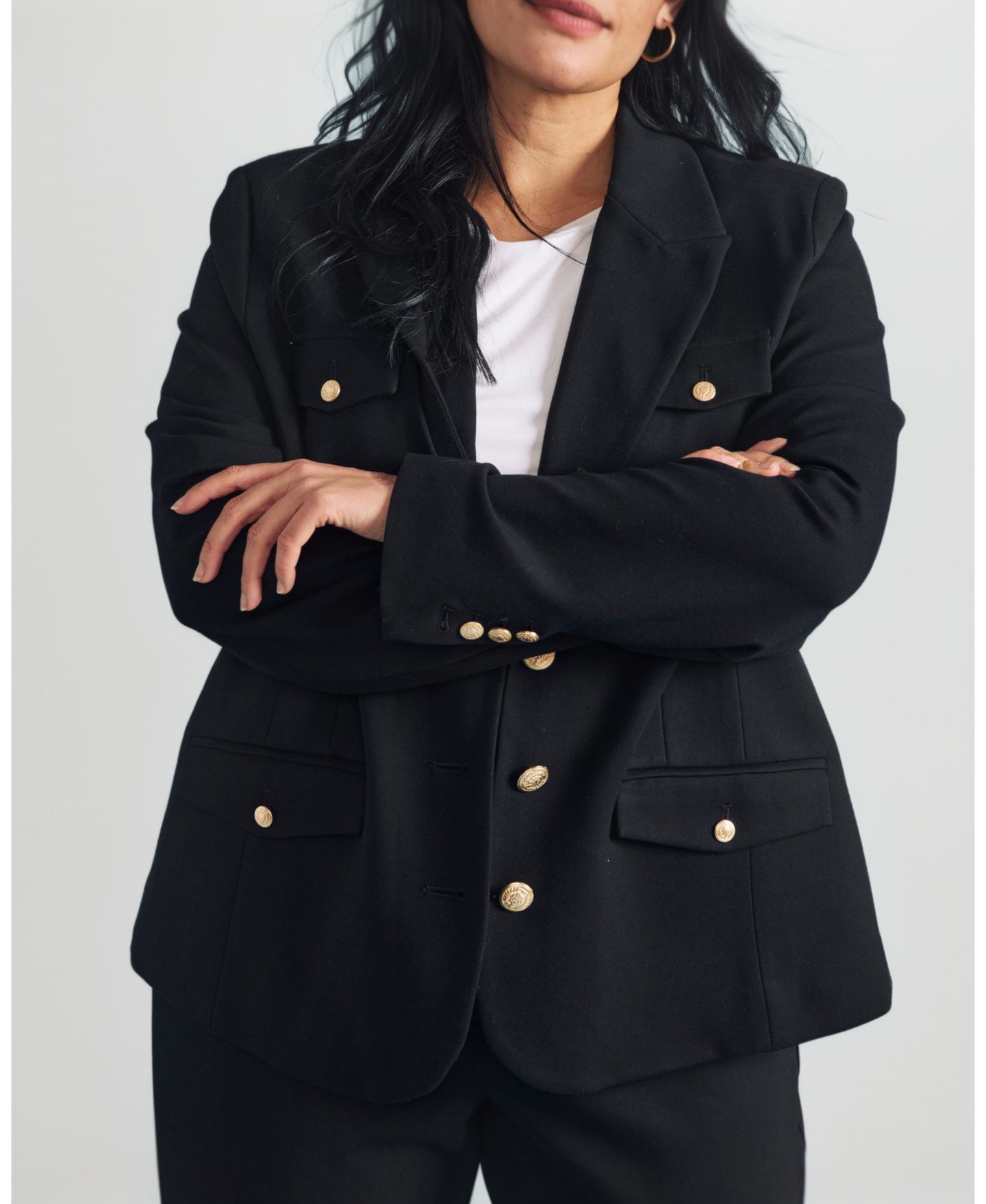 Женский пиджак Universal Standard Plus Size 4 Pocket Ponte Blazer, цвет: Чёрный / Золотой — фото 6