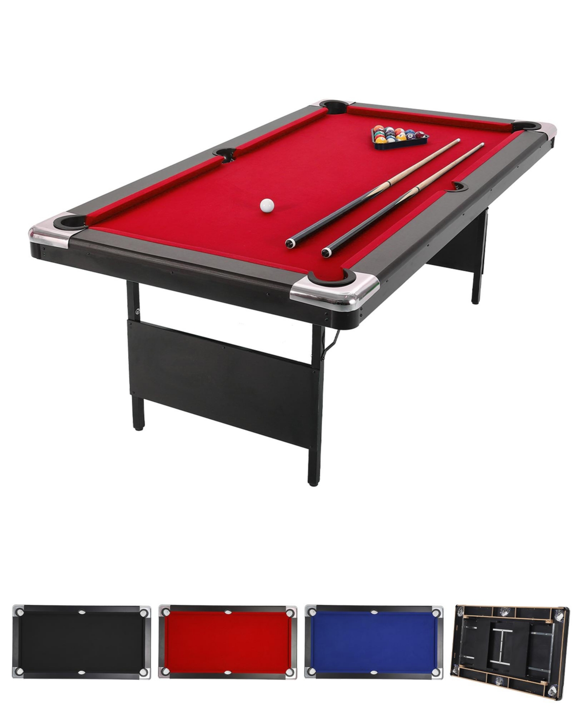 homfan 7 Ft Portable Folding Pool Gaming Table, Complete Billiard Set with Balls, 2 Cues, Chalk and Brush, Indoor Game Table for Game Room - Red