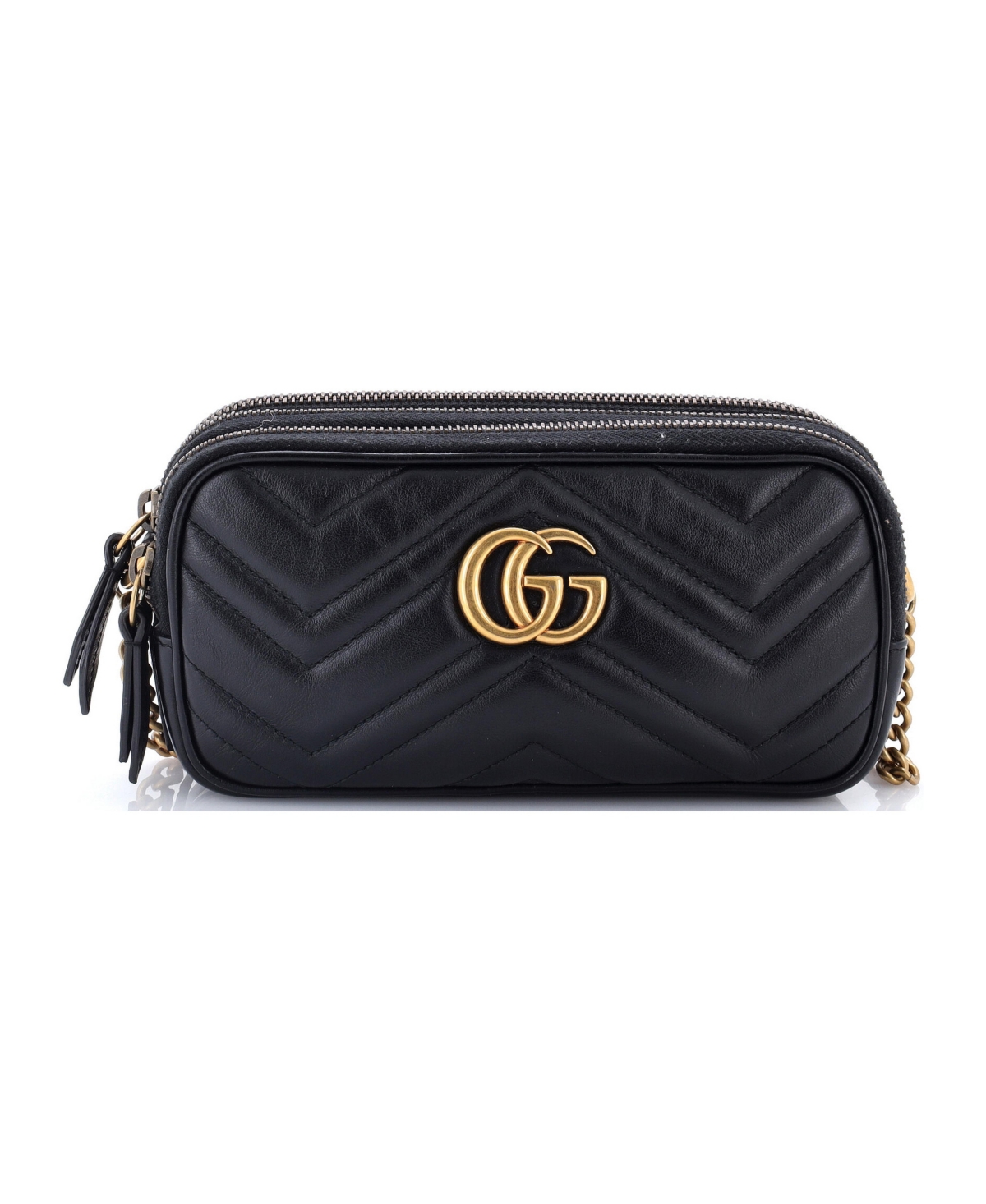 Pre-Owned Gucci Mini Gg Marmont Triple Zip Chain Bag Matelasse Leather - Black
