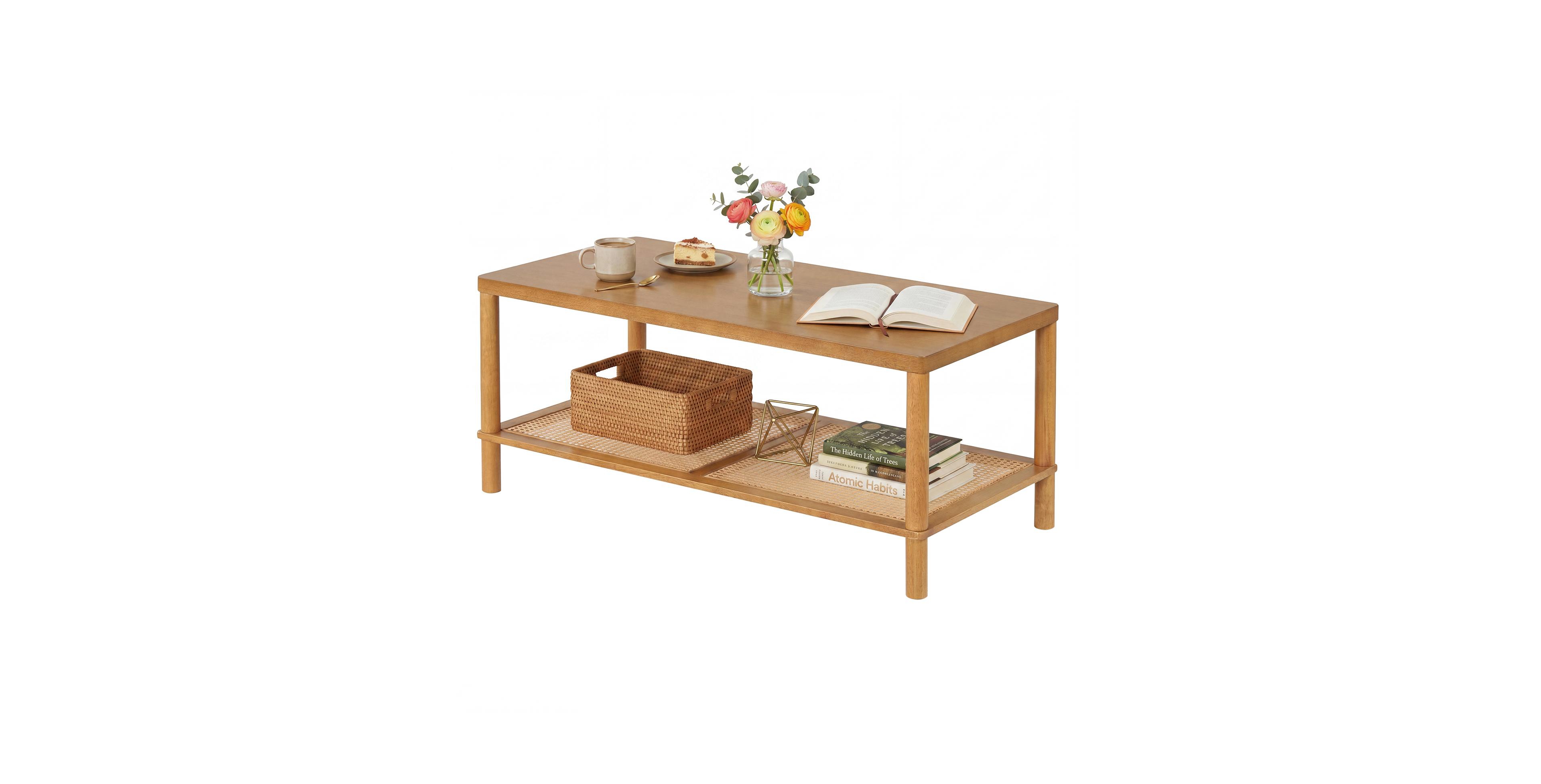 Costway 35.5 Inch Outdoor Coffee Table with Slatted Top Teak Oil Finish for Deck Garden