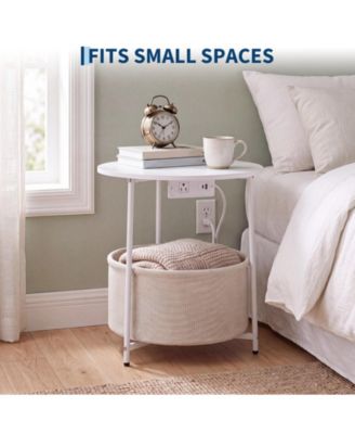 Round Side Table with USB Charging Port, Fabric Storage Basket and Metal Frame for Living Room