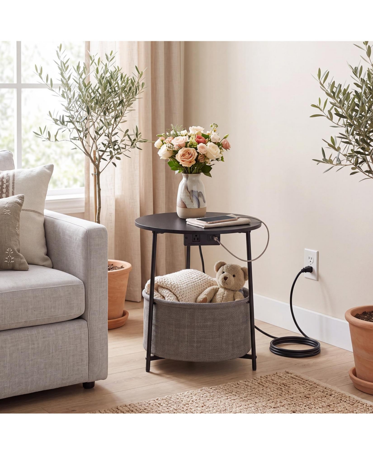gaomon Round Side Table with Usb Charging Port, Fabric Storage Basket and Metal Frame for Living Room