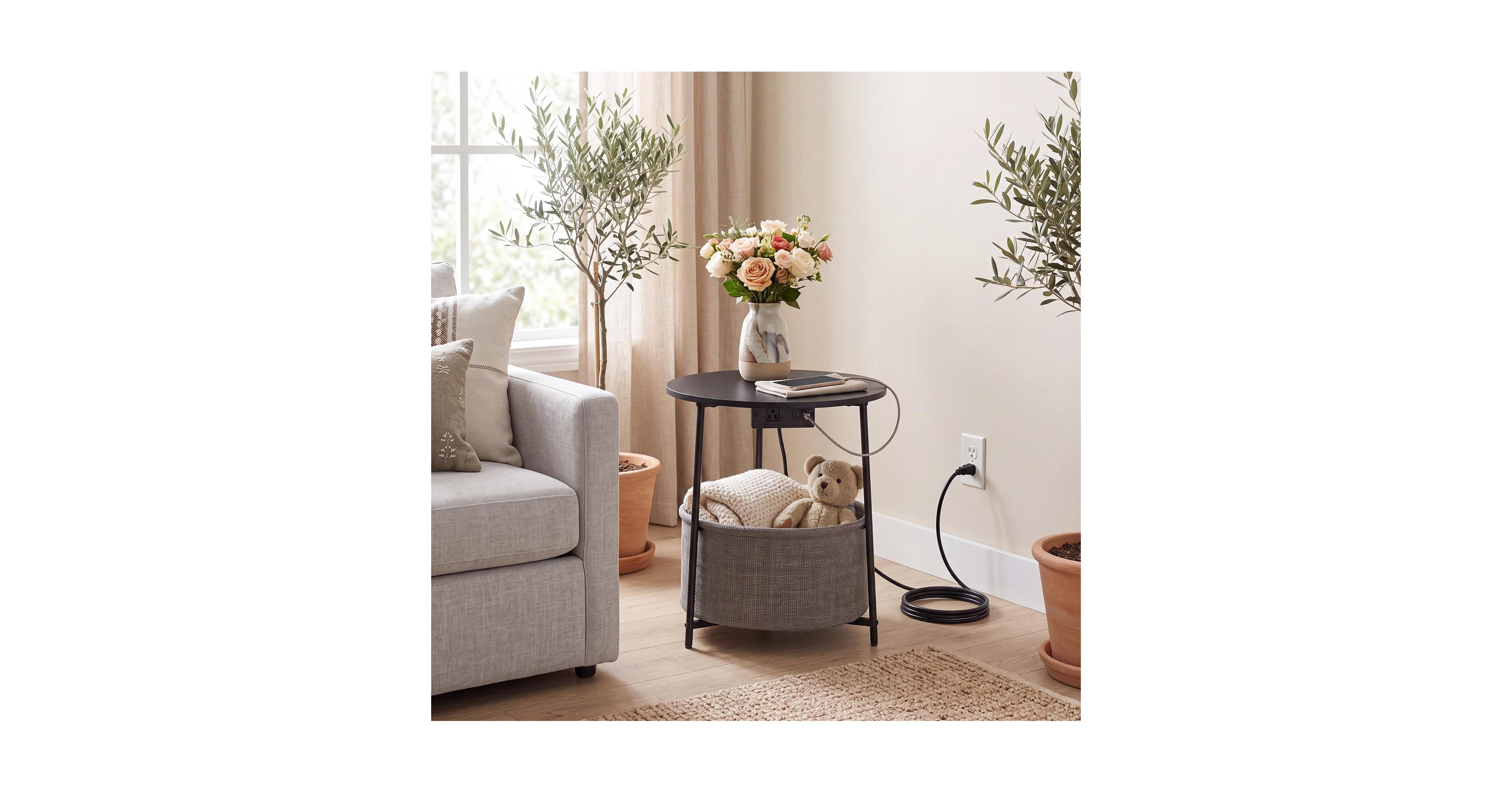 gaomon Round Side Table with Usb Charging Port, Fabric Storage Basket and Metal Frame for Living Room