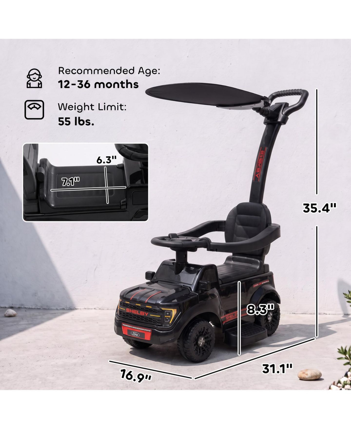 Детская игрушка Glintex Licensed Ford Shelby 3-in-1 Push Car, 25 kg Capacity, 1–3 года, цвет: Чёрный — фото 4