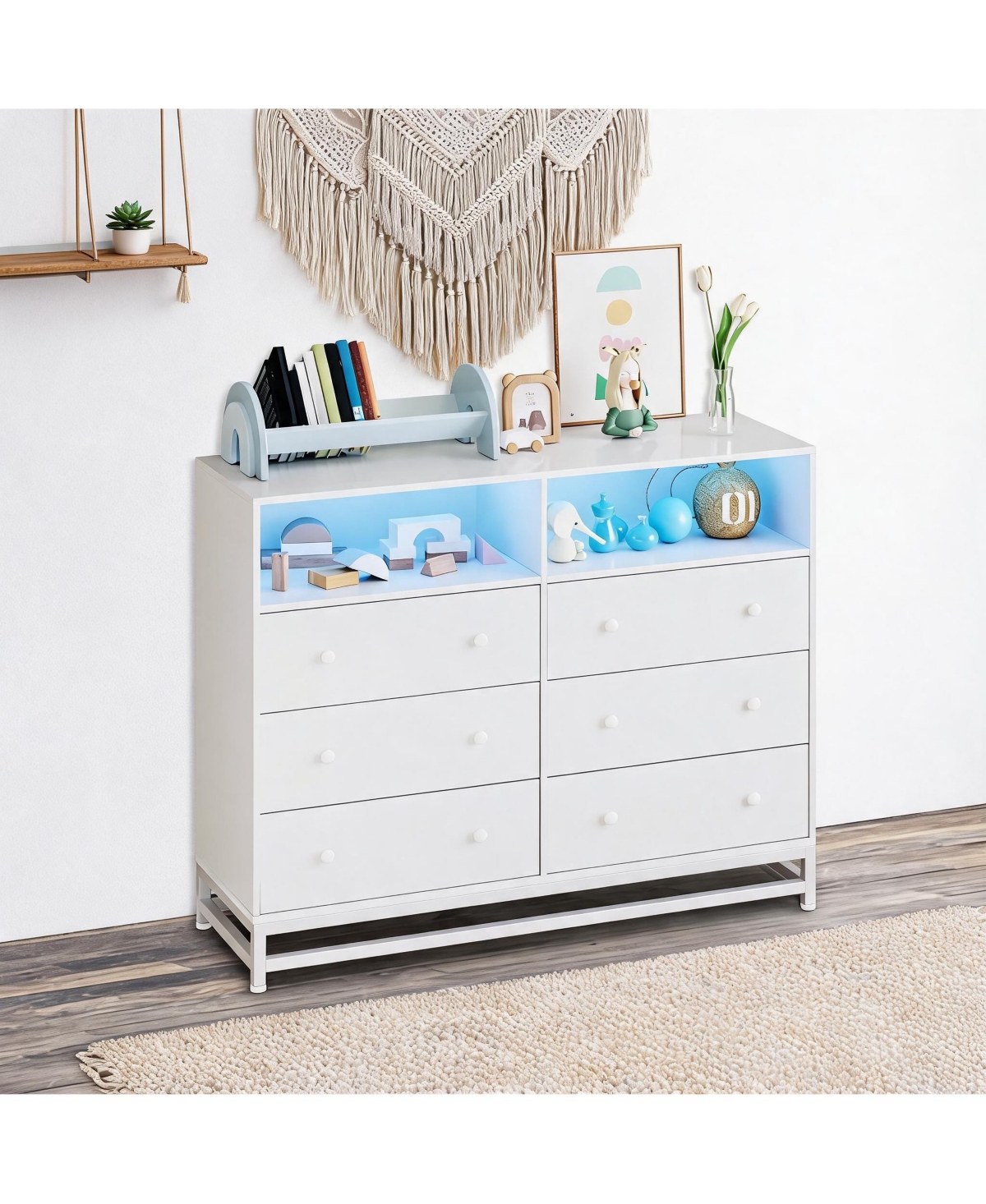 homfan 6 Drawer Dresser 47.24 In,ch Wide Wood Chest with Charging Station and Led Lights for Bedroom Living Room Entryway