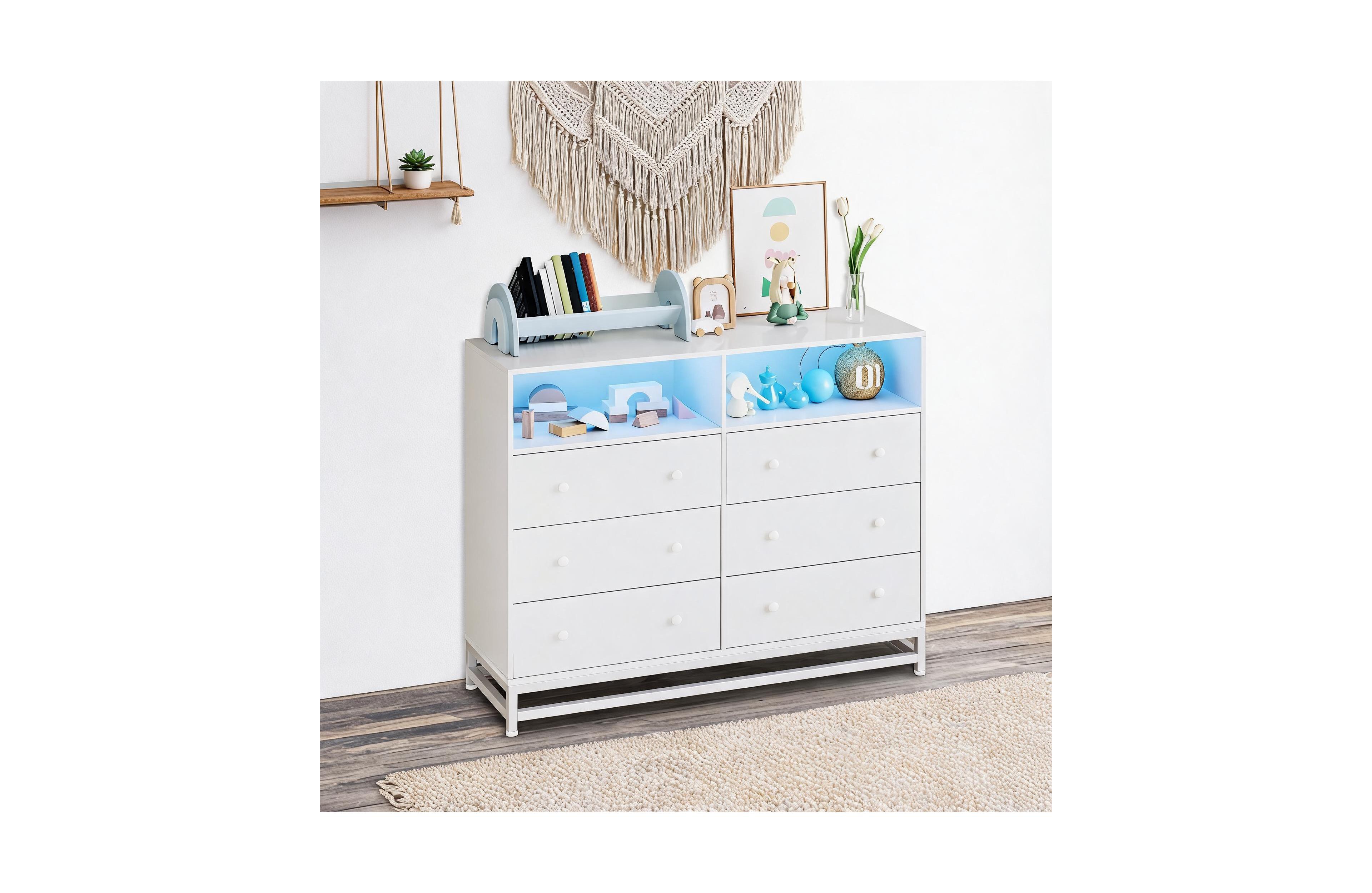 homfan 6 Drawer Dresser 47.24 In,ch Wide Wood Chest with Charging Station and Led Lights for Bedroom Living Room Entryway