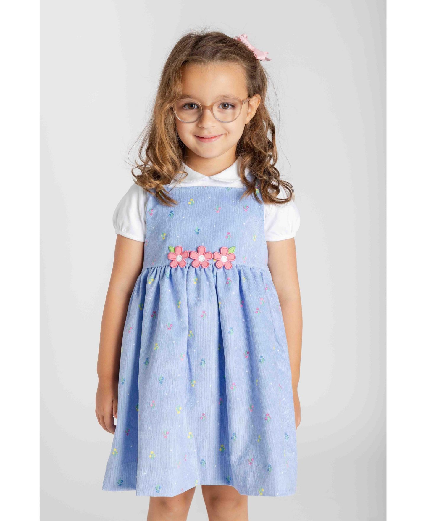 Платье Florence Eiseman Floral Polka Dot Square Neck Corduroy Dress для девочек-малышей, цвет: Синий / Белый — фото 2