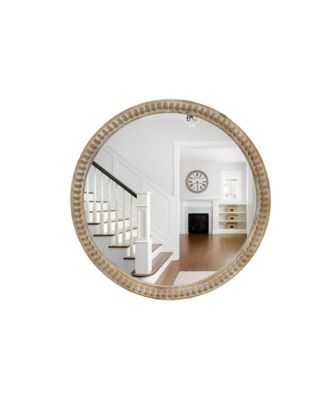 Round Wall Mirror 35.43 Inch Farmhouse Distressed Wood Beaded Frame Accent Mirror