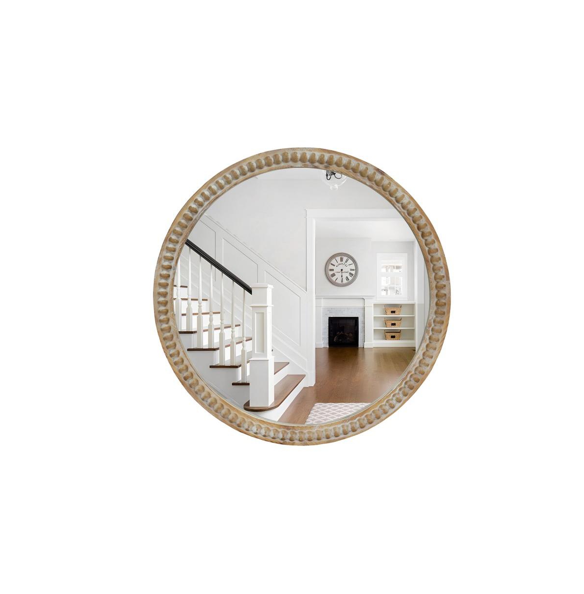 Busdays Round Wall Mirror 35.43 Inch Farmhouse Distressed Wood Beaded Frame Accent Mirror