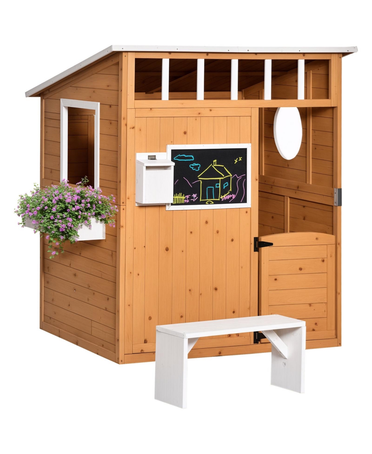 Glintex Wooden Outdoor Playhouse with Mailbox, Blackboard and Bench, 48" x 42.5", Ages 3-8